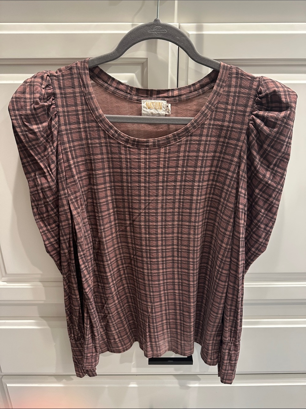 Nation Mauve Plaid Puff-Sleeve Long Sleeve Top